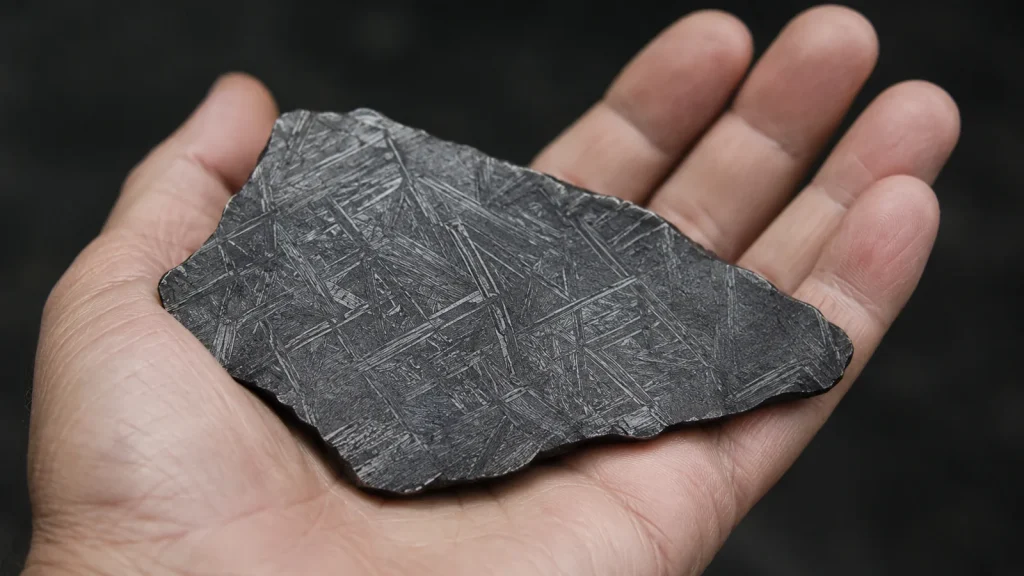 A piece of Aletai iron meteorite held in an open hand