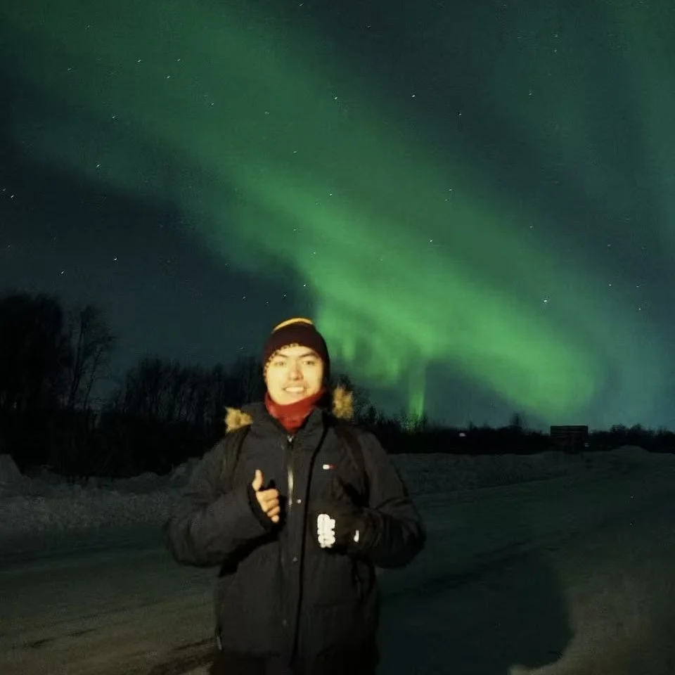 Movalor founder beneath the aurora in Murmansk